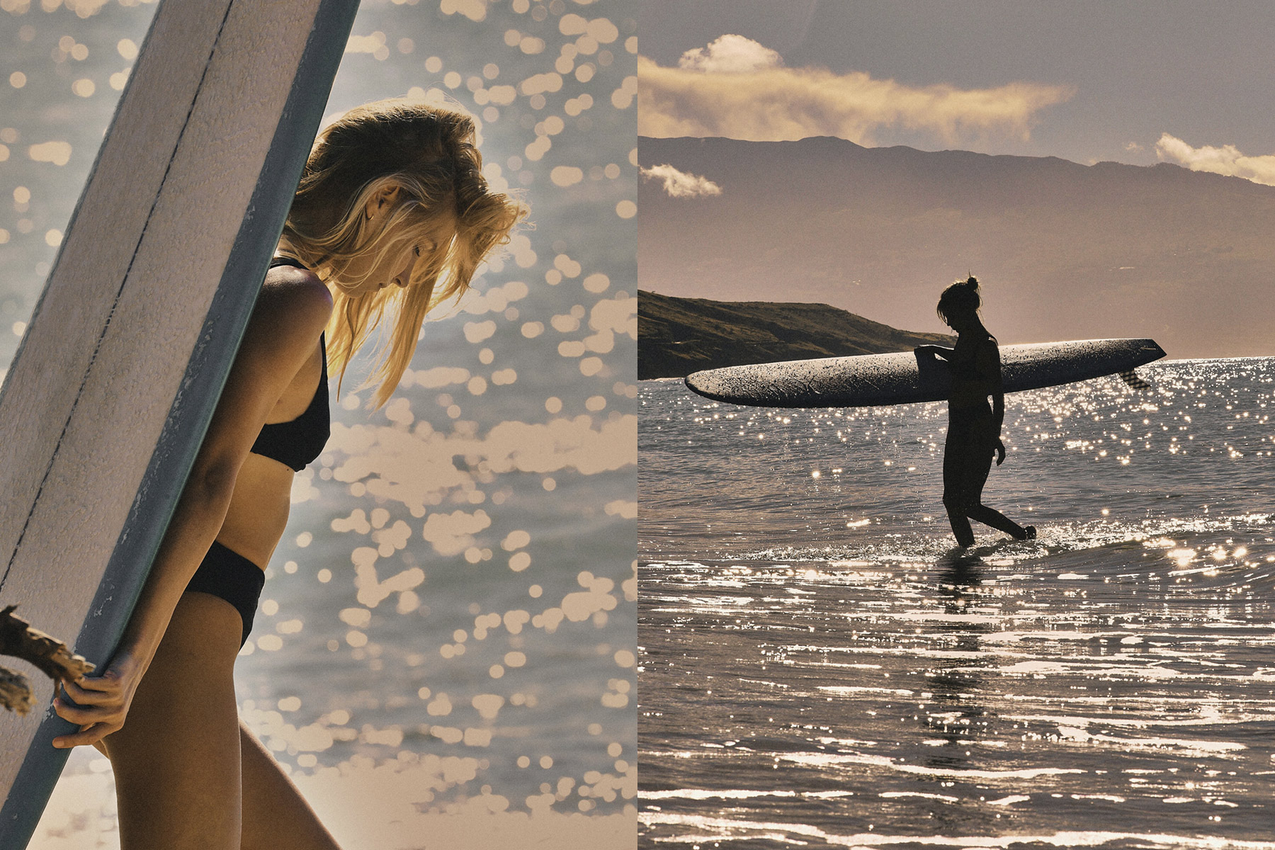 A young woman walks with a surf board in travel inspired photo on the beach.