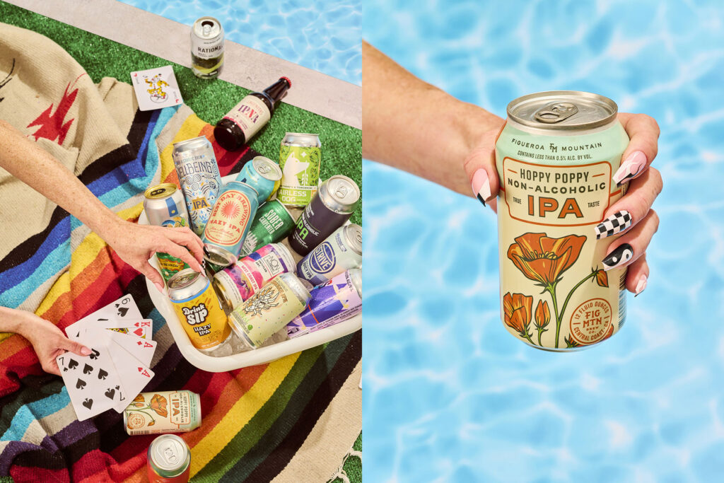 NA beer stacked up in a photograph for the LA Times, sits poolside in Los Angeles. 