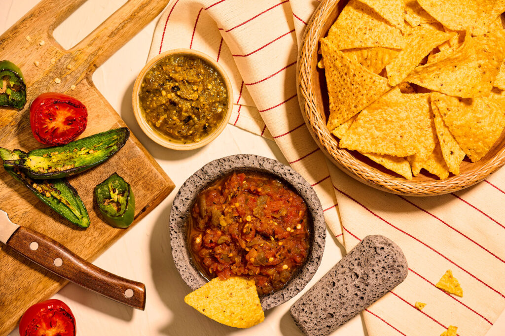 LOS ANGELES food and advertising photographer, Rebecca Peloquin, photographed Del Real's Mexican food like salsa from over head, like in this beautiful still life image.