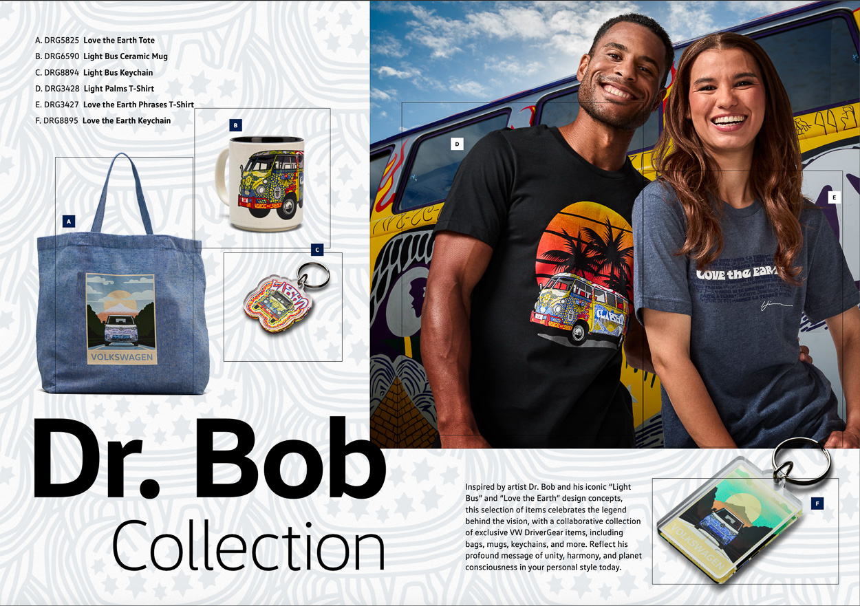 Baltimore photographer, Fj Hughes photographed Volkswagon's latest holiday catalog, featuring unique fashion pieces like in this tear sheet from the catalog with unique items including a mug, tote bag and tee-shirts.