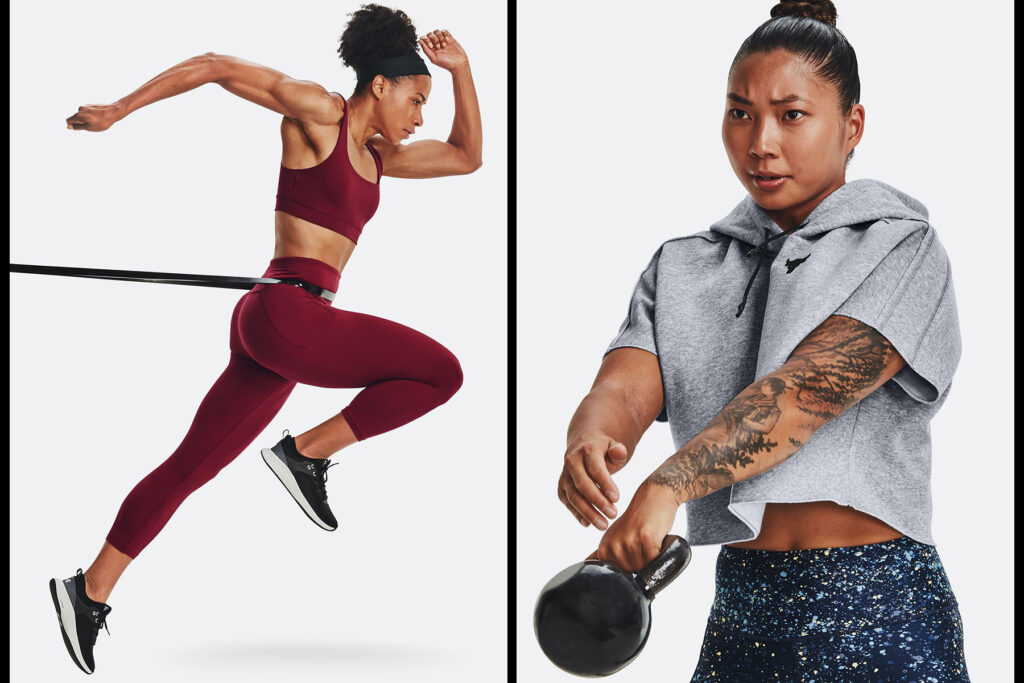 Baltimore photographer, Fj Hughes, photographed two fitness models exercise with kettle bells while wearing UA's latest apparel release on a white background for a e-commerce photo shoot.