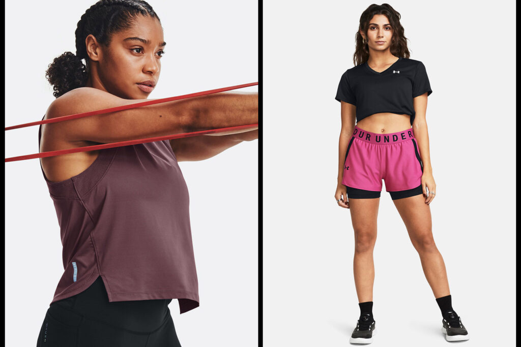 two fitness models exercising while wearing UA's latest apparel release on a white background for a e-commerce photo shoot.