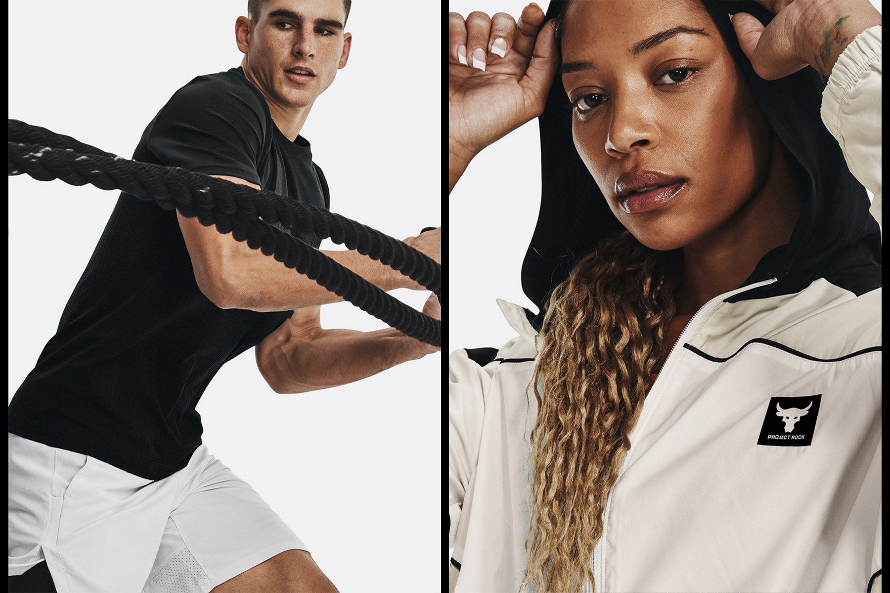 Two athletes and models photographed on a white background in athletic gear.