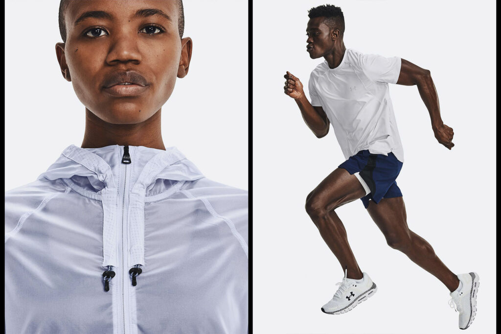 A male and a female runner/athlete photographed on white for a e-commerce photo shoot.